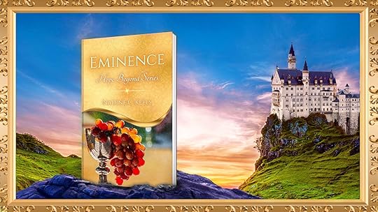 A panoramic view of a multicolored sunset over green, rocky hills, with Eminence sitting on a hill and a castle in the distance