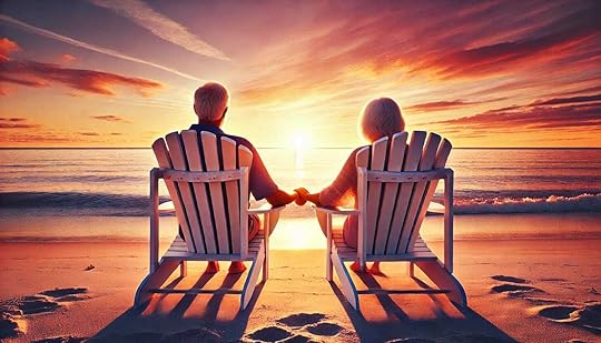 A couple sits side by side on the beach, overlooking a sunset, after they've just retired, wondering what comes next
