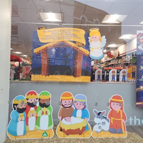 photo of Nativity tableau window display in an Entertainer toy shop