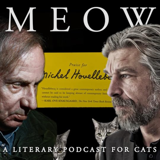 Literary titans Michel Houellebecq and Karl Ove Knausgaard stare each other down, accompanied by mischievous cats