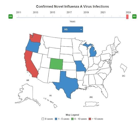 The above map shows bird flu cases by state in the US that have been recorded this year. The cases are among people