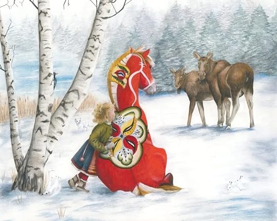 Little Swedish girl leans against dala horse as they watch moose and the nature watches them