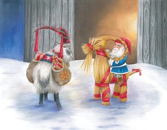 Yule Goat glares at the Tomte as he sits on a straw yule goat