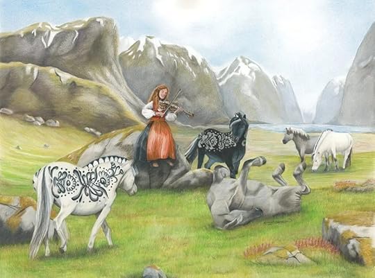 Young woman in Norwegian bunad plays Hardanger fiddle for Norwegian Fjord and Dala horses