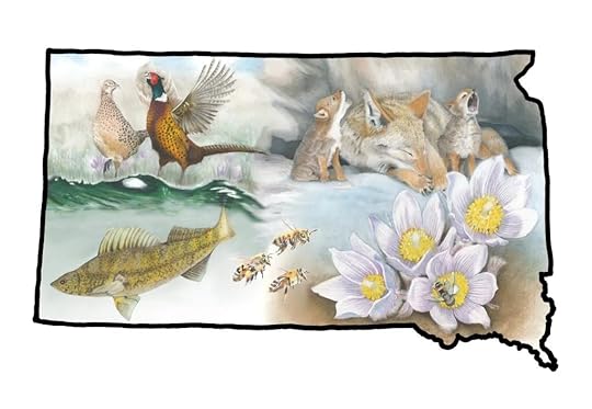 Outline of the state of South Dakota with pheasant (state bird), pasque flower (state flower), coyote (mammal), walleye (fish), and honey bee (insect) inside
