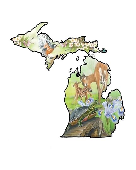 Outline of the state of Michigan with state symbols bird Robin, flower Apple Blossom, reptile Painted Turtle, game mammal Deer, and wildflower Dwarf Lake Iris