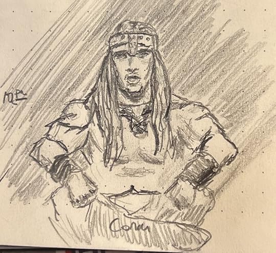 A pencil sketch of Conan the Barbarian, based on a still from the 1982 film
