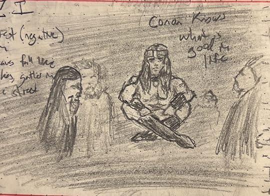 Sketch of Conan seated and delivering his 