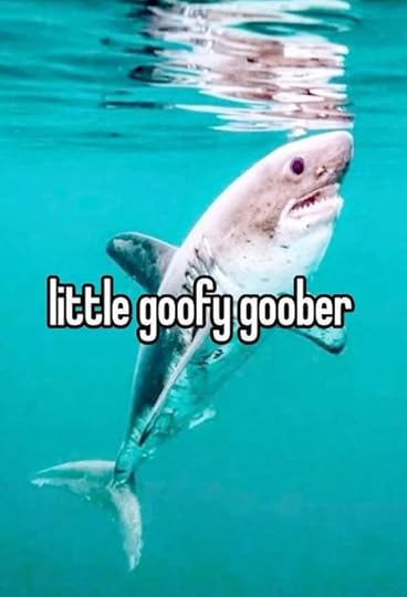 This may contain: a shark swimming in the water with words that say, little goffy gober