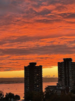 Red sunset sky with bay and high-rise buildings