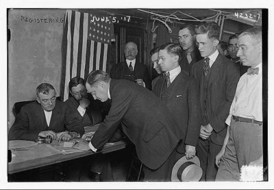 Men register for the draft before World War I on June 5, 1917. Photo courtesy of the U.S. National Archives.
