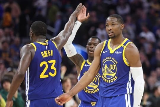 Golden State Warriors' Draymond Green, Dennis Schroder and Jonathan Kuminga celebrate a comeback victory over the Phoenix Suns,, Saturday, Dec. 28, 2024, at Chase Center in San Francisco, Calif. (Karl Mondon/Bay Area News Group)