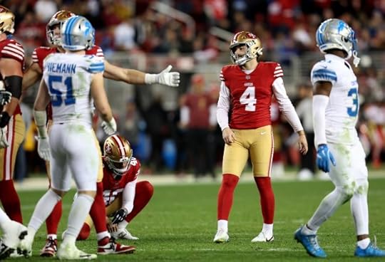 San Francisco 49ers kicker Jake Moody #4 reacts after missing an extra point in the fourth quarter of their NFL game against the Detroit Lions at Levis Stadium in Santa Clara, Calif., on Monday, Dec. 30, 2024. (Jane Tyska/Bay Area News Group)