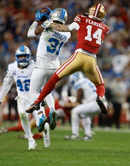 Detroit Lions' Kerby Joseph (31) intercepts the ball on a pass intended for San Francisco 49ers' Ricky Pearsall (14) in the fourth quarter at Levi's Stadium in Santa Clara, Calif., on Monday, Dec. 30, 2024. (Nhat V. Meyer/Bay Area News Group)