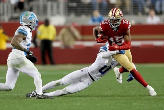 San Francisco 49ers' Jauan Jennings #15 is tackled by Detroit Lions' Terrion Arnold #0 in the fourth quarter of their NFL game at Levis Stadium in Santa Clara, Calif., on Monday, Dec. 30, 2024. (Jane Tyska/Bay Area News Group)