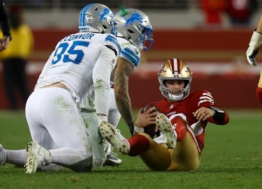 San Francisco 49ers starting quarterback Brock Purdy (13) gets up after being sacked by the Detroit Lions late in the fourth quarter at Levi's Stadium in Santa Clara, Calif., on Monday, Dec. 30, 2024. (Nhat V. Meyer/Bay Area News Group)