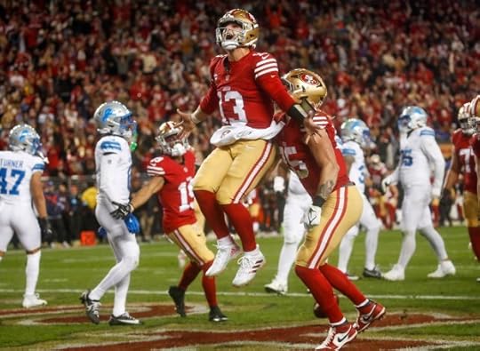 San Francisco 49ers starting quarterback Brock Purdy (13) celebrates his touchdown against the Detroit Lions in the second quarter at Levi's Stadium in Santa Clara, Calif., on Monday, Dec. 30, 2024. (Nhat V. Meyer/Bay Area News Group)