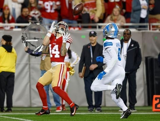 San Francisco 49ers' Ricky Pearsall (14) makes a catch against Detroit Lions' Terrion Arnold (0) in the second quarter at Levi's Stadium in Santa Clara, Calif., on Monday, Dec. 30, 2024. (Nhat V. Meyer/Bay Area News Group)