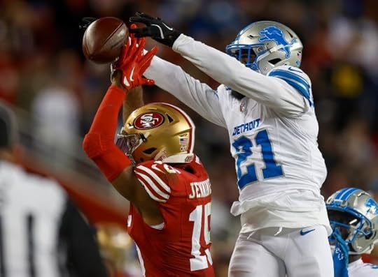 San Francisco 49ers' Jauan Jennings (15) can't make a catch against Detroit Lions' Amik Robertson (21) in the fourth quarter at Levi's Stadium in Santa Clara, Calif., on Monday, Dec. 30, 2024. (Nhat V. Meyer/Bay Area News Group)