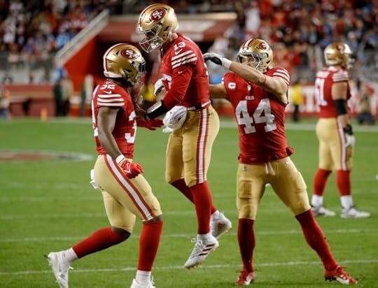 San Francisco 49ers quarterback Brock Purdy #13 celebrates his touchdown with teammates Kyle Juszczyk, #44 and Patrick Taylor Jr. #32 in the second quarter of their NFL game against the Detroit Lions at Levis Stadium in Santa Clara, Calif., on Monday, Dec. 30, 2024. (Jane Tyska/Bay Area News Group)
