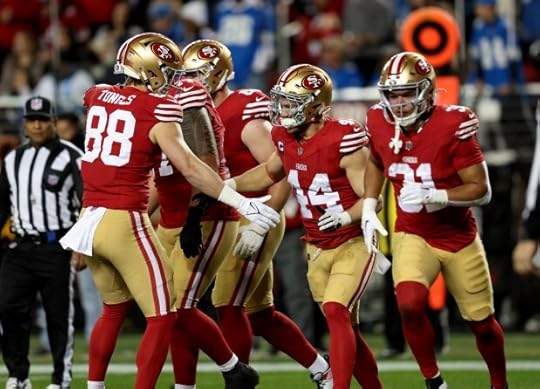 San Francisco 49ers' Kyle Juszczyk #44 is congratulated after his touchdown in the second quarter of their NFL game against the Detroit Lions at Levis Stadium in Santa Clara, Calif., on Monday, Dec. 30, 2024. (Jane Tyska/Bay Area News Group)