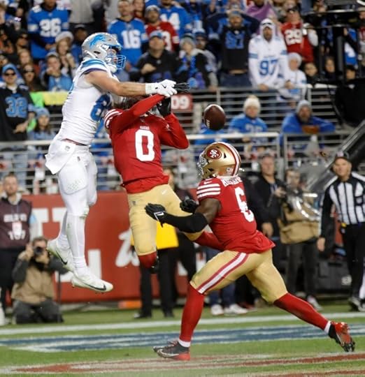 San Francisco 49ers' Renardo Green #0 breaks up a pass intended for Detroit Lions' Tom Kennedy #85 in the second quarter of their NFL game at Levis Stadium in Santa Clara, Calif., on Monday, Dec. 30, 2024. (Jane Tyska/Bay Area News Group)