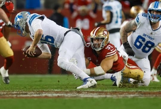 San Francisco 49ers' Nick Bosa (97) sacks Detroit Lions starting quarterback Jared Goff (16) in the third quarter at Levi's Stadium in Santa Clara, Calif., on Monday, Dec. 30, 2024. (Nhat V. Meyer/Bay Area News Group)