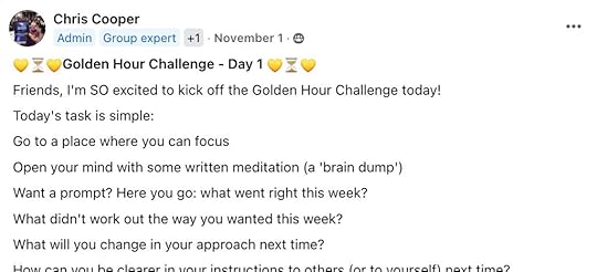 A screen shot of Chris Cooper's Nov. 1, 2024, Facebook post about the Golden Hour Challenge.
