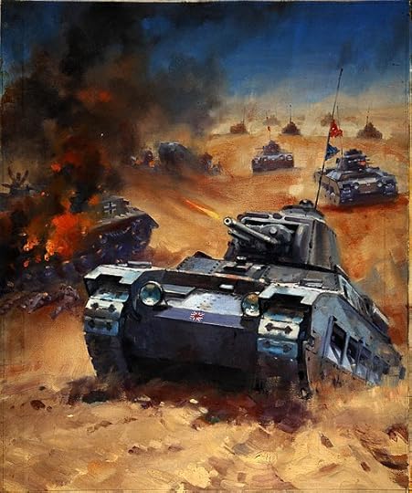 British tanks advance across a desert landscape