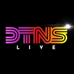 The initials DTNS in a multicolored 1980s style with the word LIVE underneath in white on a black background. 