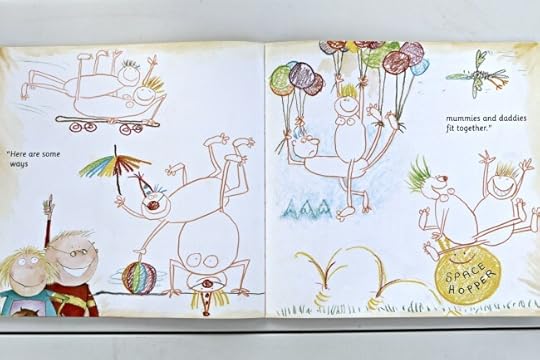 A few ways mommies & daddies can fit their reproductive parts together to try to make a baby. Two illustrated pages from the British edition of <i>Mummy Laid An Egg</i> by Babette Cole.