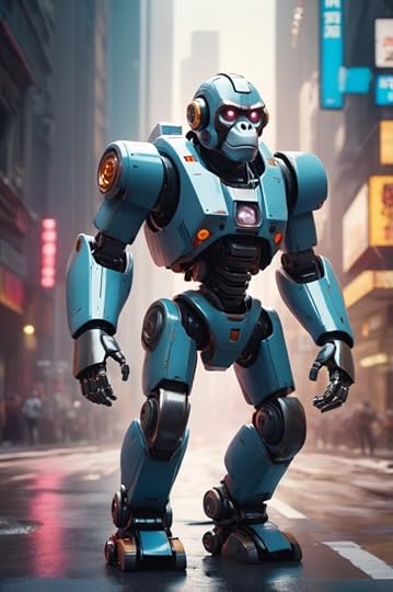 a robotic ape full body image with an urban downtown background