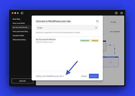a blue arrow pointing to a link that says 'Create a new WordPress.com site` within the Studio app