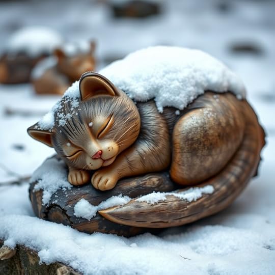 A log in the shape of a sleeping kitten, with a light layer of snow on top of the kitten, and a serene expression. The kitten shape is on its side. The kitten carving is realistic.