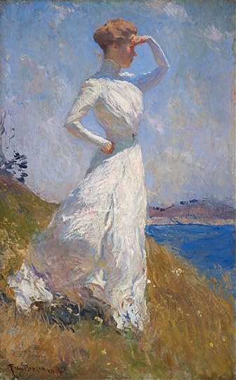 'Sunlight' by Frank Weston Benson 1909. Painting of woman in white dress looking out to sea.