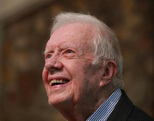 FILE - Former President Jimmy Carter smiles as he returns to Maranatha Baptist Church in Plains, Ga., to teach Sunday school, June 9, 2019, less than a month after falling and breaking his hip. (Curtis Compton/Atlanta Journal-Constitution via AP, File)