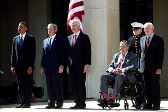 President Barack Obama stands with former Presidents George W. Bush, Bill Clinton, George H.W. Bush and Jimmy Carter at the dedication of the George W. Bush Presidential Library