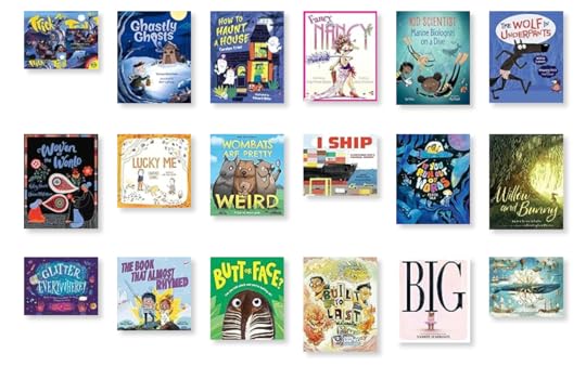 image of covers of 18 picture books Sharon read and tracked in 2024.