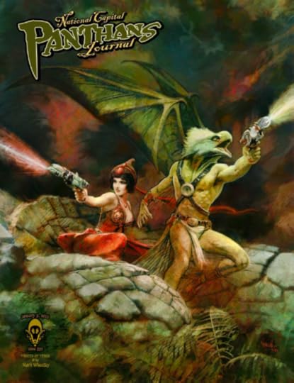 Cover art of the Panthans Journal #332. It depicts a woman and a man with a hawk head, hunkered in a hole, firing laser pistols. The art is by Mark Wheatley.