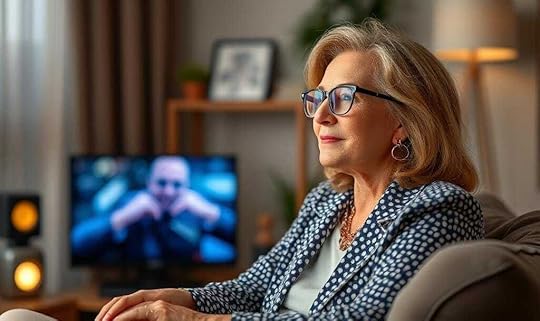 A middle-aged woman with glasses who isn't even watch her TV.