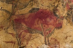 The Cave of Altamira in Spain, famous for its Upper Paleolithic cave paintings featuring drawings and polychrome rock paintings of wild mammals, bison and human hands. Altamira was the first cave in which prehistoric cave paintings were discovered.