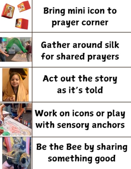 a class group plan with images alongside text: bring mini icon to prayer corner; gather around silk for shared prayers; act out the story as it's told; work on icons or play with sensory anchors; be the bee by sharing something good