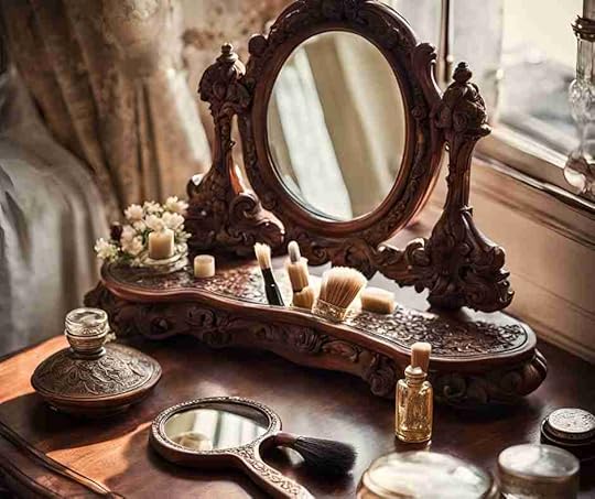Dressing table mirror with brushes and perfume