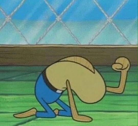 fish from spongebob knelt on the ground begging with a fist raised