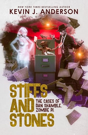 Book Cover: Stiffs and StonesA file cabinet with a gremlin popping out of the top and papers everyehere, with a sexy ghost girlfriend and a zombie P.I. stand and watch, perplexed.Text: New York Times Bestselling Author Kevin J. Anderson, Stiffs and Stones, The cases of Dan Shamble P.I.