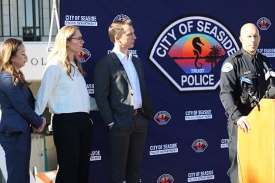 Seaside Police Chief Nick Borges speaks about his role in assisting with the case, crediting (left to right) Alameda County Sheriff's Office Lieutenant Misty Carausu, Denise Quinn and Aaron Quinn for their hard work. (Kyarra Harris -- Monterey Herald)