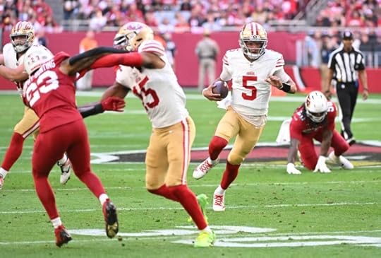 Joshua Dobbs #5 of the San Francisco 49ers runs the ball against the Arizona Cardinals during the first quarter at State Farm Stadium on Jan. 05, 2025 in Glendale, Arizona. (Photo by Norm Hall/Getty Images)