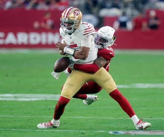 49ers quarterback Joshua Dobbs #5 fumbles the ball during the fourth quarter of the San Francisco 49ers and Arizona Cardinals game played at State Farm Stadium on Jan. 5, 2025 in Glendale, Arizona. The Cardinals defeated the 49ers 47-24...(John Medina/Special to Bay Area News Group)