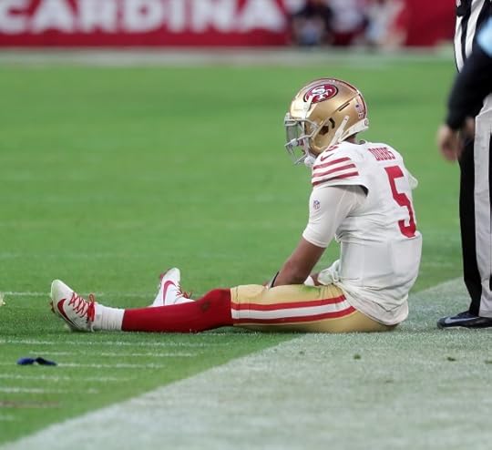 49ers quarterback Joshua Dobbs #5 sits frustrated after fumbling the ball during the fourth quarter of the San Francisco 49ers and Arizona Cardinals game played at State Farm Stadium on Jan. 5, 2025 in Glendale, Arizona. The Cardinals defeated the 49ers 47-24...(John Medina/Special to Bay Area News Group)
