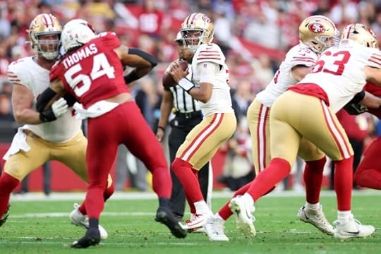 Joshua Dobbs #5 of the San Francisco 49ers looks to pass against the Arizona Cardinals during the first quarter at State Farm Stadium on Jan. 05, 2025 in Glendale, Arizona. (Photo by Christian Petersen/Getty Images)
